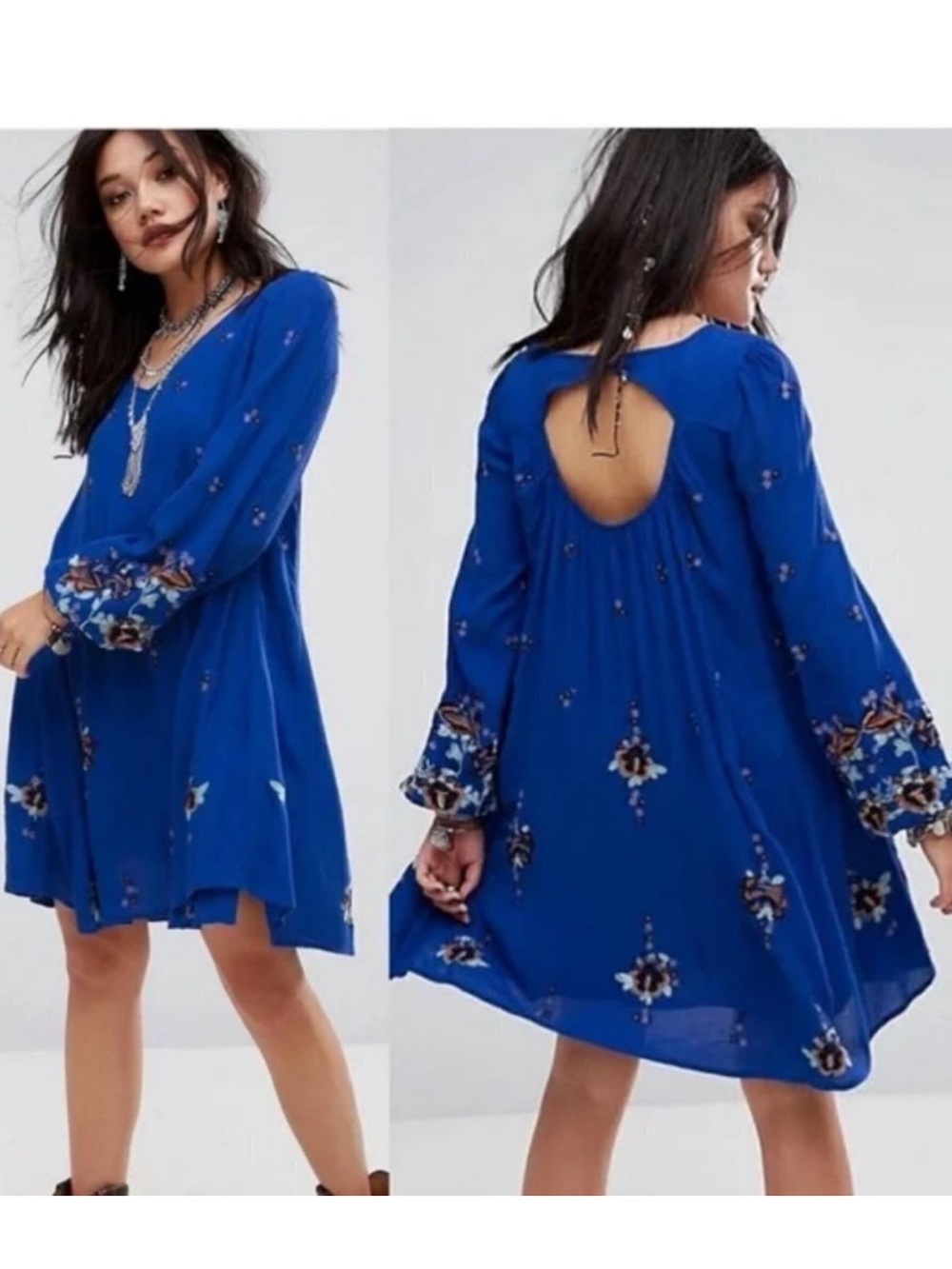 Free People Oxford Embroidered Cobalt Blue Long Sleeve Baby Doll Boho Dress M